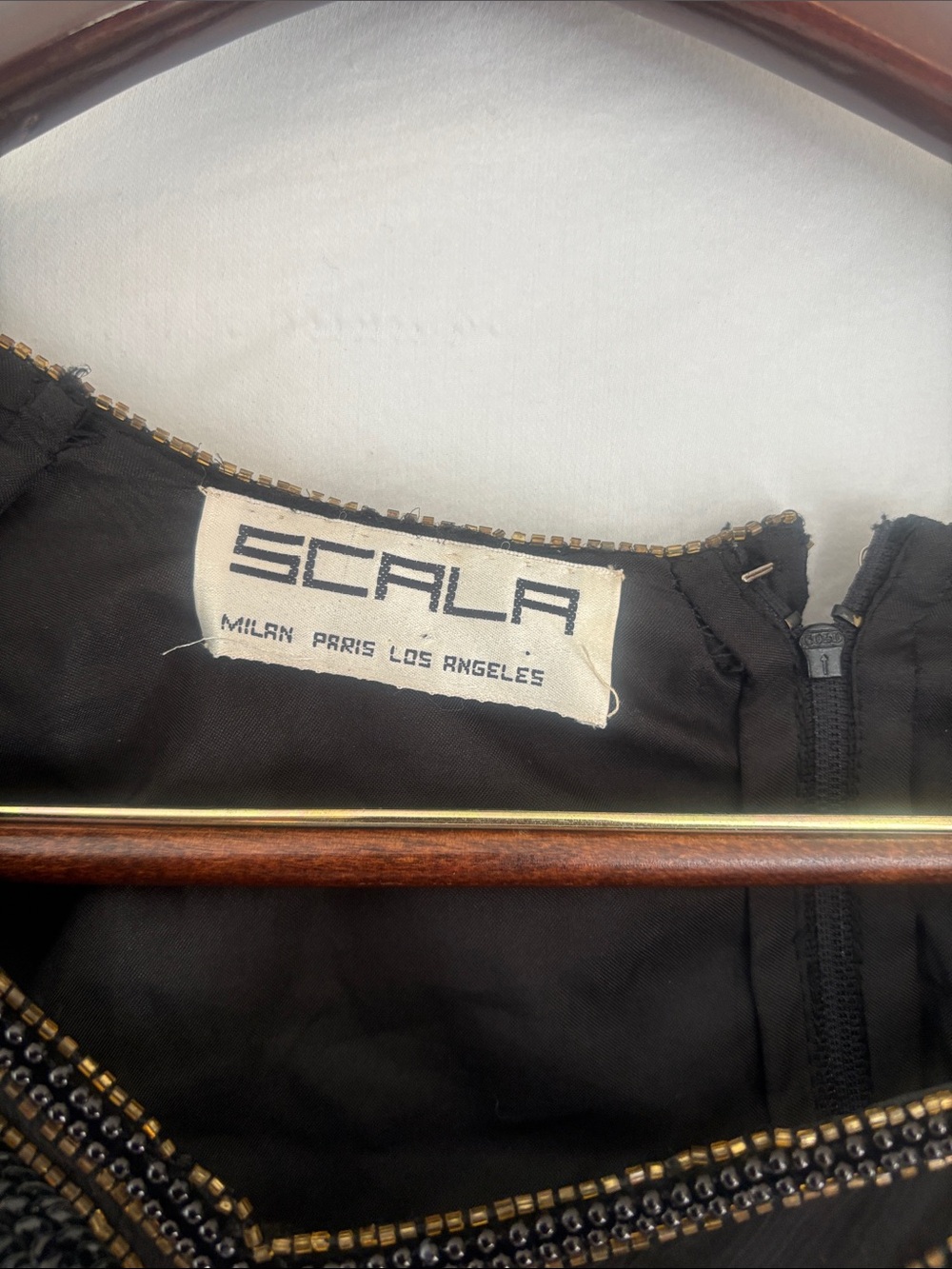 Scala Black Dress with Gold Beaded Trim Vintage 1980s.